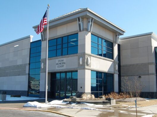 Modern municipal court building with flag outside.